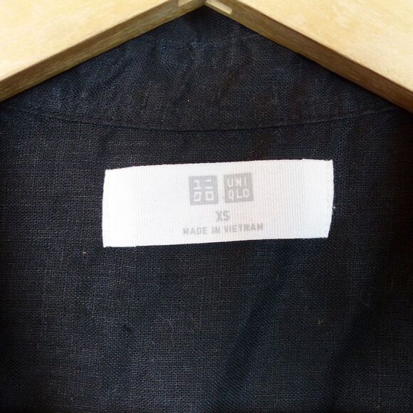 Uniqlo Shirt Womens XS Relaxed Black 100% Linen Skipper Collar Popover ¾ Sleeve - Picture 7 of 12